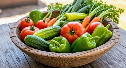 Homegrown vegetables in a rustic wooden bowl.