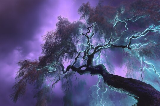 Mystical lightning tree in purple sky, fantasy book cover, sci-fi game concept, electronic music album art, surreal nature digital artwork

