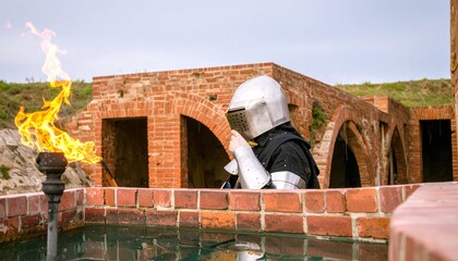 A Medieval Knight Wearing Armor Stands Near A Fire Torch, Set Against A Backdrop Of Brick Architecture With Water, Depicting A Historical Scene And A Symbol Of Protection.