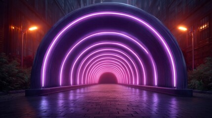 Neon tunnel illumination: A mesmerizing neon tunnel glows with vibrant hues of purple and pink, guiding the viewer's gaze toward a luminous, beckoning endpoint