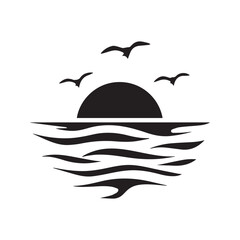 Seagulls flying over a sunset or sunrise on the sea. Black silhouette icon of sun, birds, and water reflection, vector logo design.
