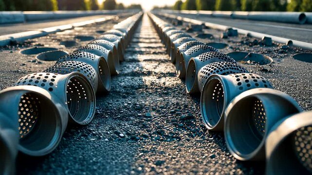 Long Perspective of Metal Pipes Aligned on Asphalt Road under Sunlight Showing Industrial Construction Materials