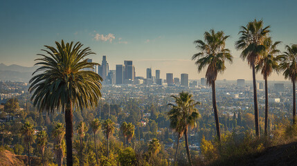Palm trees frame a hazy urban skyline in the distance, blending nature with city life under a clear sky. Idyllic scenery evoking a sense of place.