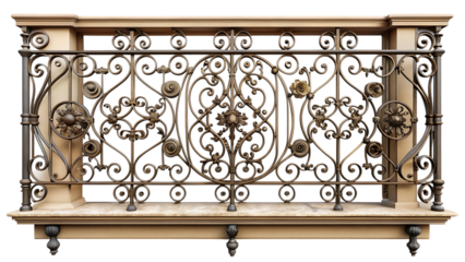 Ornate Black Wrought Iron Balcony Railing Section – Decorative Scrollwork, Classic European Style, Isolated on Transparent Background, AI Generated