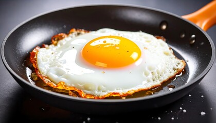 Perfectly Fried Egg Cooking in a Black Frying Pan with Golden Yolk.