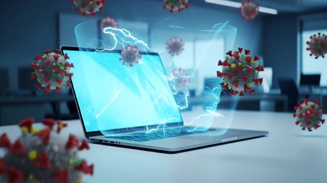 Spreading Virus on Laptop with Glowing Effect on White Desk in Modern Office Setting Simulating Cyber Attack