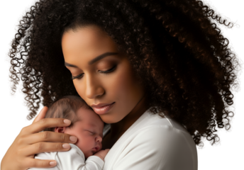 Woman with curly hair holding sleeping baby tenderly soft expression embrace love isolate Mother infant