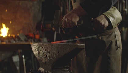 A Blacksmith Hammers A Piece Of Metal On Anvil, Demonstrating The Craft In A Dark, Rustic Workshop, With Flames In The Background, Capturing The Art Of Blacksmithing.