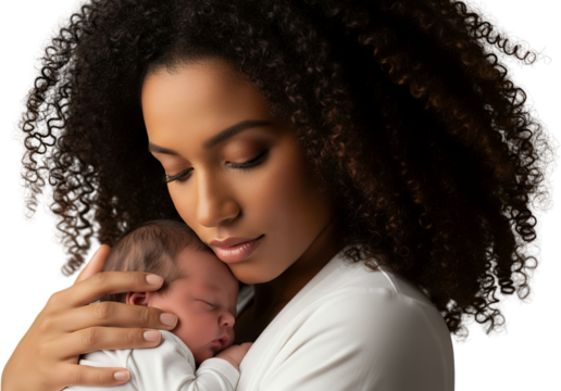 Woman with curly hair holding sleeping baby tenderly soft expression embrace love isolate Mother infant