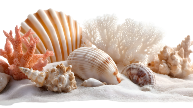 Collection of colorful seashells and coral on white sand isolated on transparent background