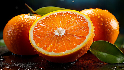 sliced ​​oranges on a wet wooden table