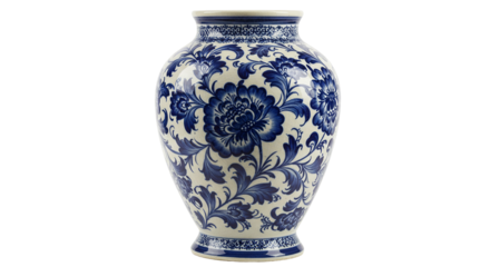 Elegant blue and white porcelain vase with floral pattern isolated transparent background PNG, Realistic