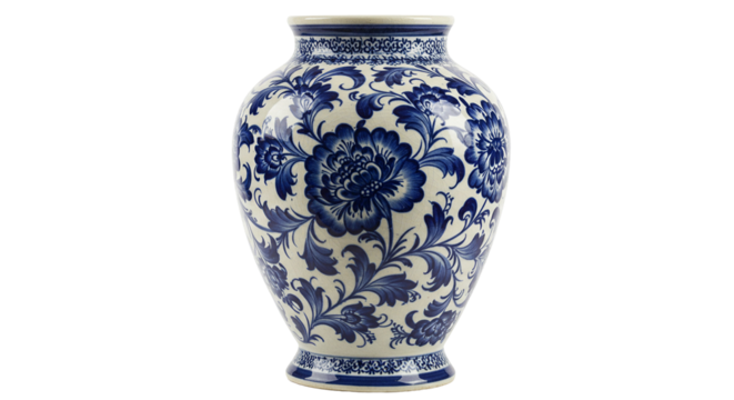 Elegant blue and white porcelain vase with floral pattern isolated transparent background PNG, Realistic