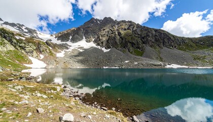 A Breathtaking Mountain Lake Scene Showcasing Crystal Clear Water Reflecting The Majestic Peaks Under A Bright Blue Sky, Ideal For Travel And Nature Content.