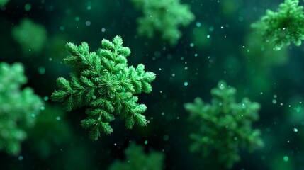 Naklejka premium Emerald Snowflakes: An artistic vision of delicately formed snowflakes, their intricate designs in varying shades of emerald. Set against a dark, blurry backdrop.