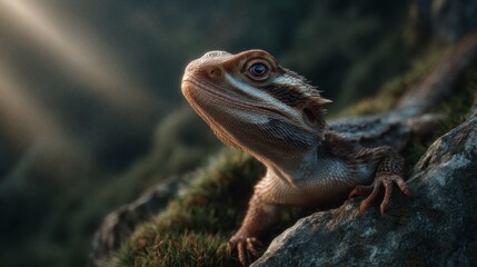Sunlit Lizard on Rocky Terrain: A captivating shot of a lizard perched on a mossy rock, basking in the sun's radiant rays, portraying an amazing and unique blend of nature and life.