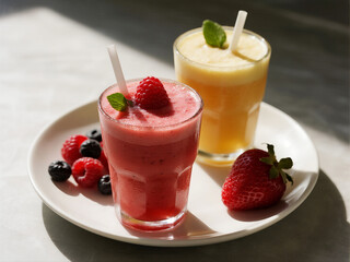 Several smoothies with different fruit flavors on the table.