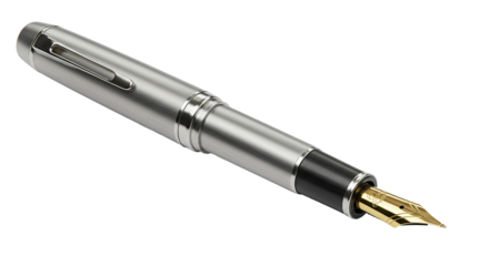 Elegant silver fountain pen with golden nib isolated on a solid background for writing and design transparent background PNG, Realistic