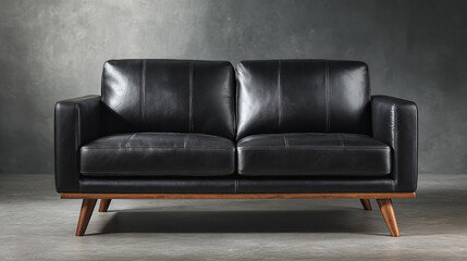 Elegant black leather sofa with a modern design and wooden legs, offering comfort and style to any living space. Sophisticated seating option.