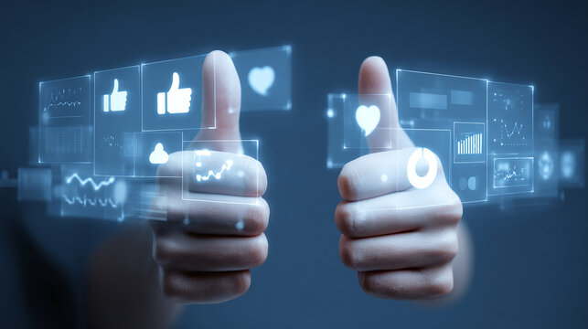 Thumbs up with social media and data analytics interface. Success, agreement, positive feedback and digital transformation concept.
