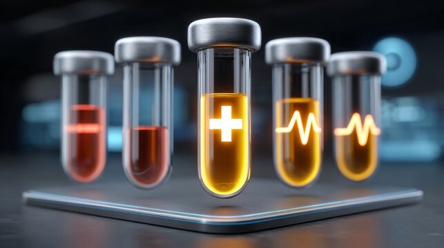 Blood Samples for Science: A vivid image of five transparent vials containing diverse liquid samples, each symbolizing a unique medical or scientific discovery. - Powered by Adobe