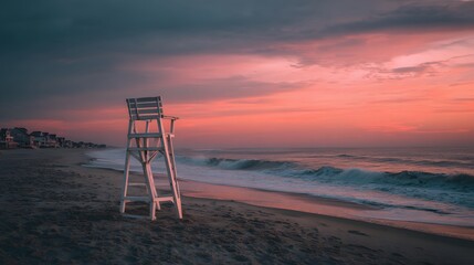 Lifeguard chair at beach sunset sunrise ocean waves summer vacation scenic seascape coastal travel destination 100