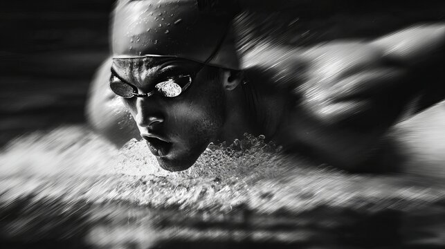 Dynamic swimmer powering through water, intense focus, achieving peak performance