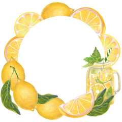 Lemons, slices, lemonade jar and green leaves frame illustration. Hand drawn bright clipart with copy space. Citrus fruits are perfect for food, summer designs, kitchen decor, recipe books.

