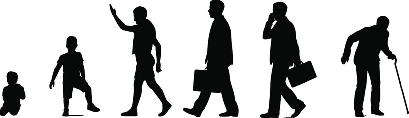 Male, life, stages, silhouette, aging, growth, timeline, evolution, childhood, adult, elderly, development, walking, sitting, briefcase, cane, posture, age, man, boy, old, vector, outline, journey