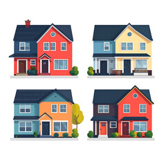 Colorful cartoon house illustrations in neighborhood style on transparent background