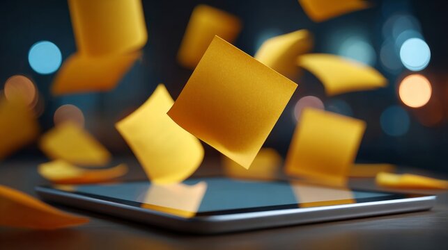 Digital Notes and the Tablet: A cascade of digital sticky notes hovers in mid-air above a sleek tablet device, creating a modern and dynamic vision of technological innovation and organization.
