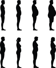 Body shape progression, male and female silhouettes, weight gain stages, obesity, fitness, health, medical, lifestyle, vector, black, illustration