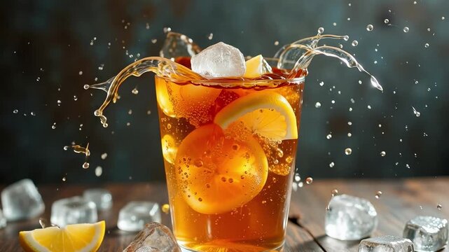 Refreshing iced tea splash with lemon and ice cubes, perfect for summer refreshment and beverage advertising.