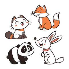 Vector art of cute cartoon animals including cat, fox, panda, rabbit