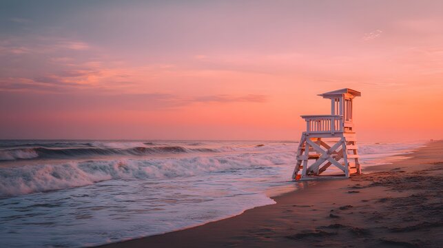 Beautiful beach sunset with lifeguard tower ocean waves and colorful sky landscape photography scenic view