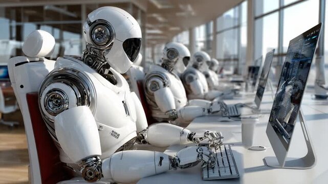 Robots in Office: A futuristic office scene unveils advanced humanoid robots immersed in tasks, embodying the integration of AI and technology in the modern workspace.