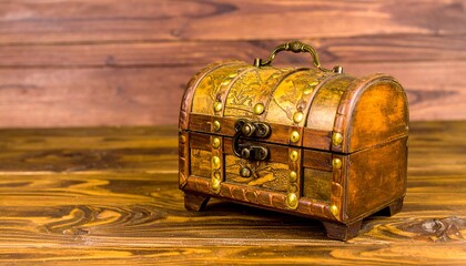 A handcrafted wooden chest with intricate carvings and brass accents, reflecting timeless traditional craftsmanship in sharp realistic detail