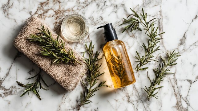 Natural rosemary oil serum and towel arranged on elegant marble for luxurious spa and wellness promotions