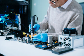 Electronics technician, electronic engineering electronic repair, electronics measuring and testing, repair and maintenance concepts.uses a voltage meter to check