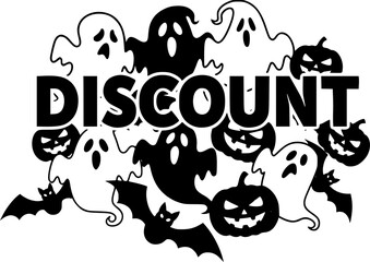 Obraz premium Spooky halloween discount banner with jack o lanterns witch bats spiderweb and a twisted tree under a full moon 