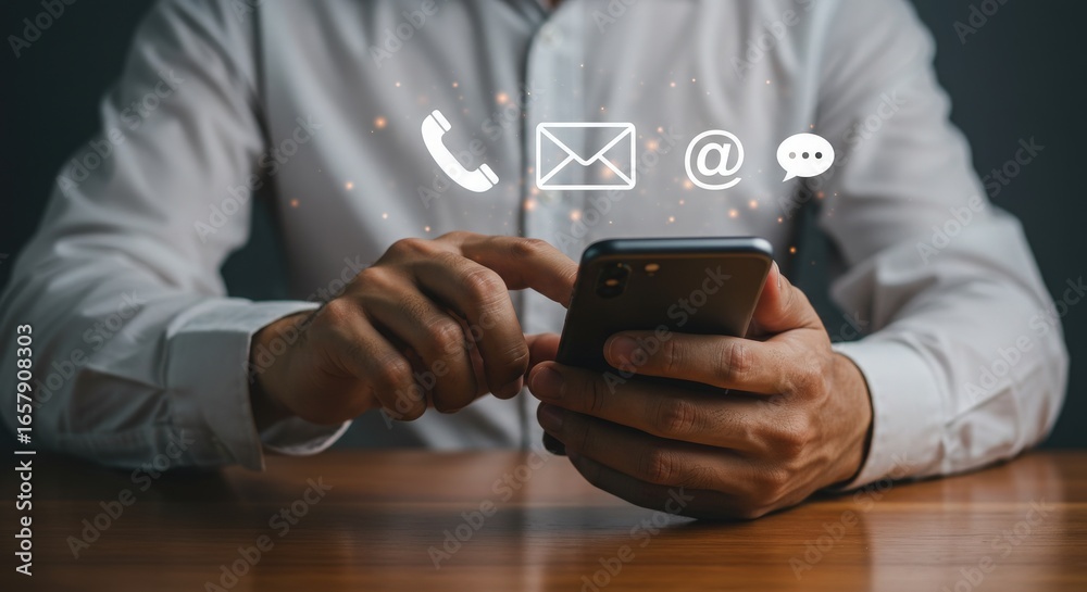 Wall mural man using smartphone for contact and communication with icons floating above