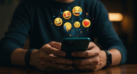 Person using smartphone with emojis floating above the screen in dark room