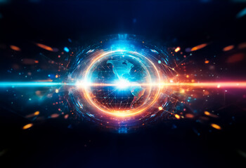 Obraz premium A glowing globe with a grid pattern and a futuristic design, with an abstract background of swirling lines and dots, representing global connection and technology.
