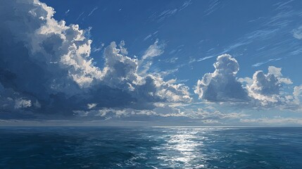 Vibrant ocean waves meet dramatic clouds under a bright blue sky with shimmering sunlight