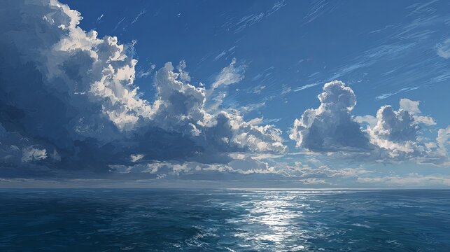 Vibrant ocean waves meet dramatic clouds under a bright blue sky with shimmering sunlight