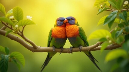 Two Rainbow Lorikeets Perched on a Branch