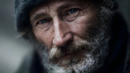 Weathered face of a homeless man on a city street