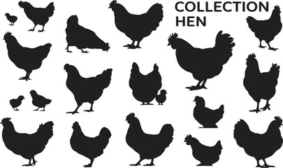 Hen and Chick Silhouette Vector Set, Poultry Icons in Varied Poses, Farm Animal Graphics, Adobe Stock, SEO Design Elements