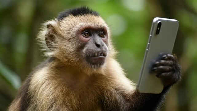 Curious capuchin monkey engrossed in a smartphone, exploring technology in its natural jungle habitat with a comical expression.