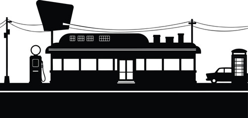 Vector illustration of a classic black silhouette of a vintage diner or gas station with a car and telephone booth, perfect for designs related to retro travel, roadside attractions, and Americana.